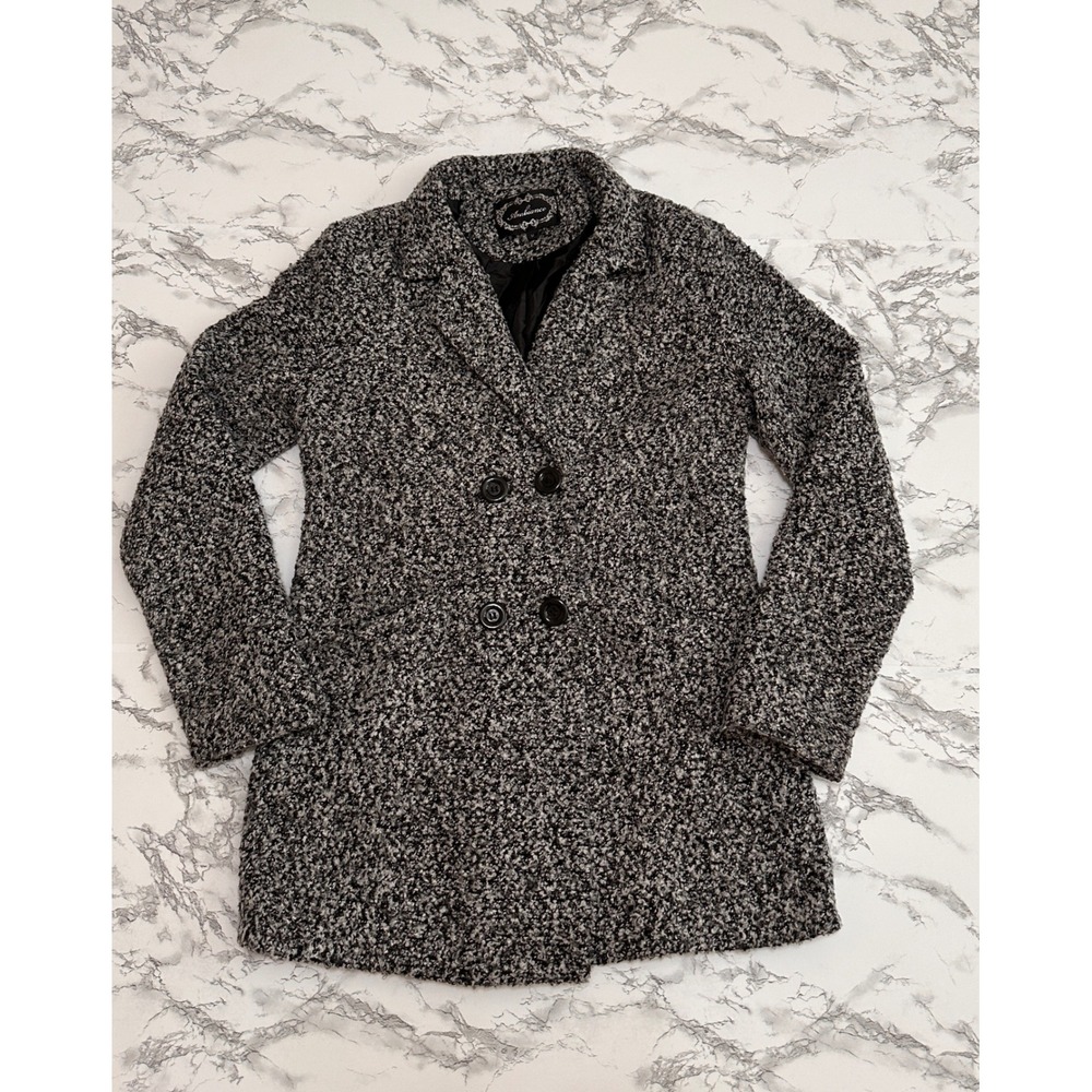 Ambiance Womens Black White Boucle Double Breasted Pea Coat Jacket Size M